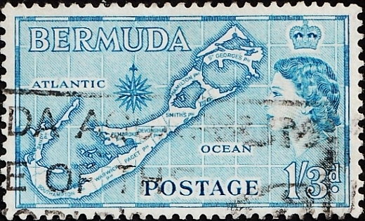 Бермудские острова 1957 год . Карта Бермудских островов . Каталог 0,70 €.